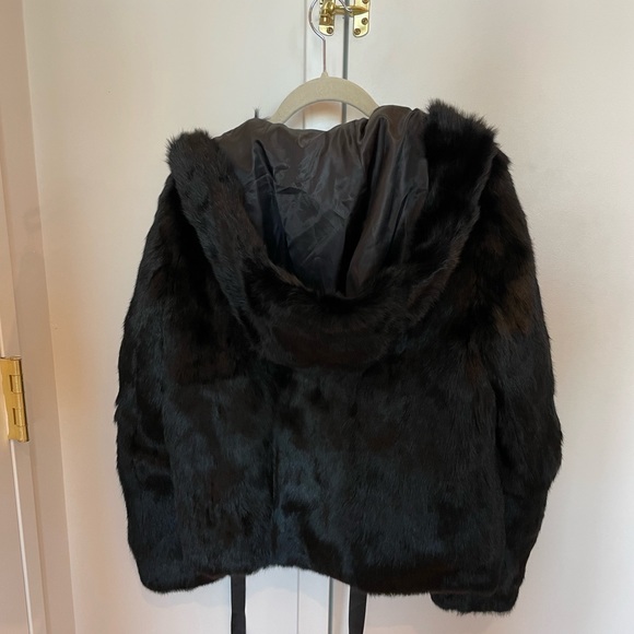 Sandro Size T2 Black Rabbit Hood Fur Coat - Picture 11 of 16